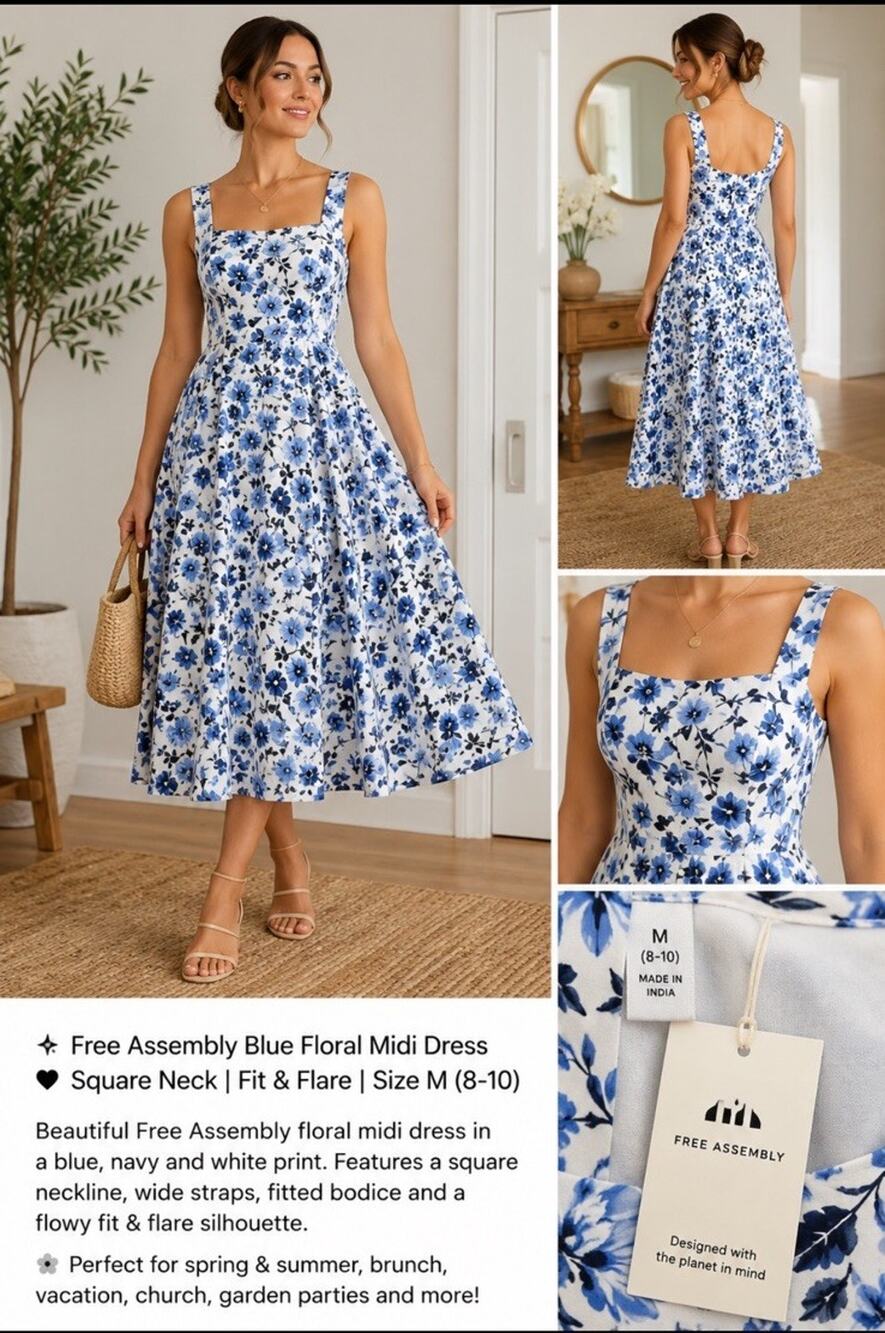 NEW Free Assembly Blue & White Floral 1960 style Square Neck Fit & Flare Midi S